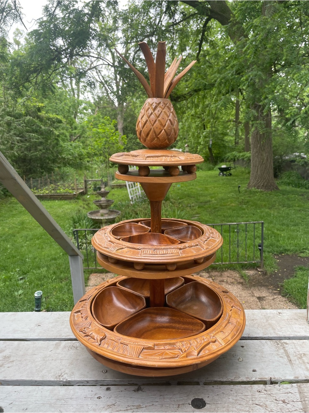 Vintage Handcarved Tiki Hawaiian Pineapple 3 Tier Lazy Susan
